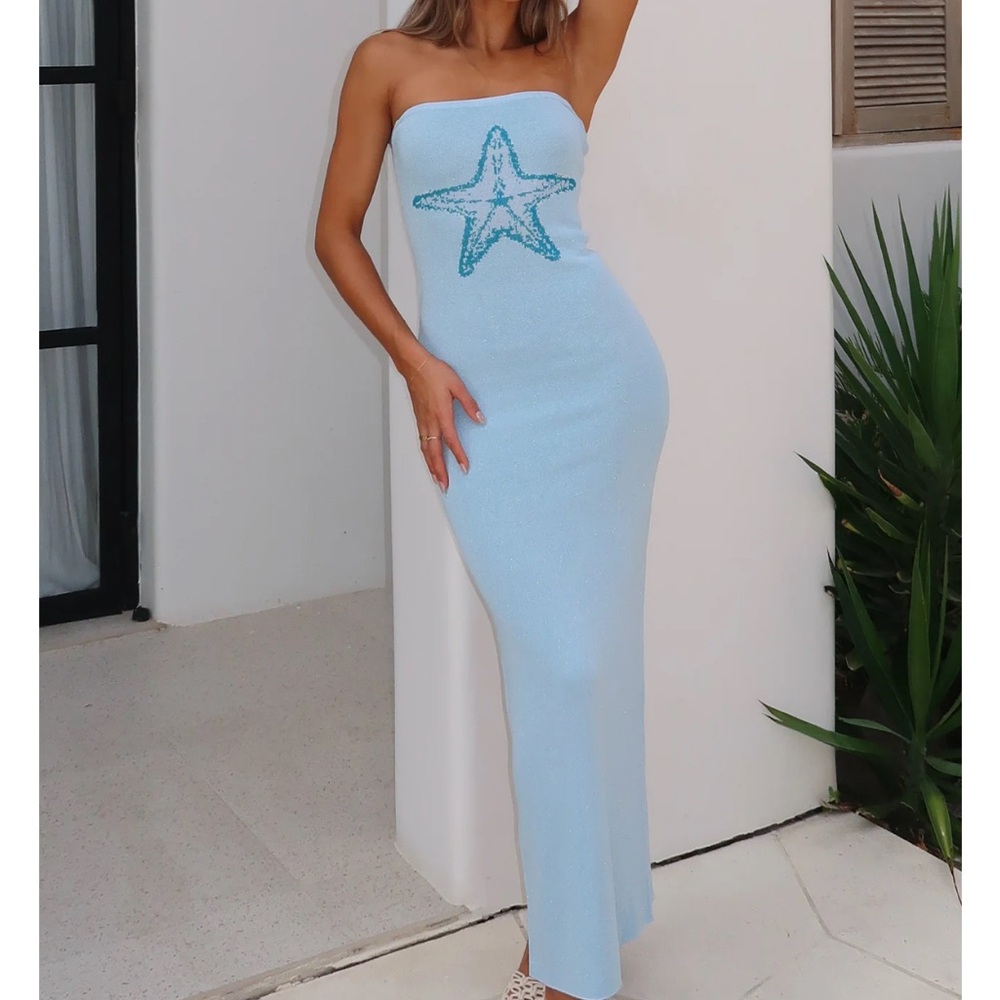 White fox Strapless Light Blue Dress with Star Detail